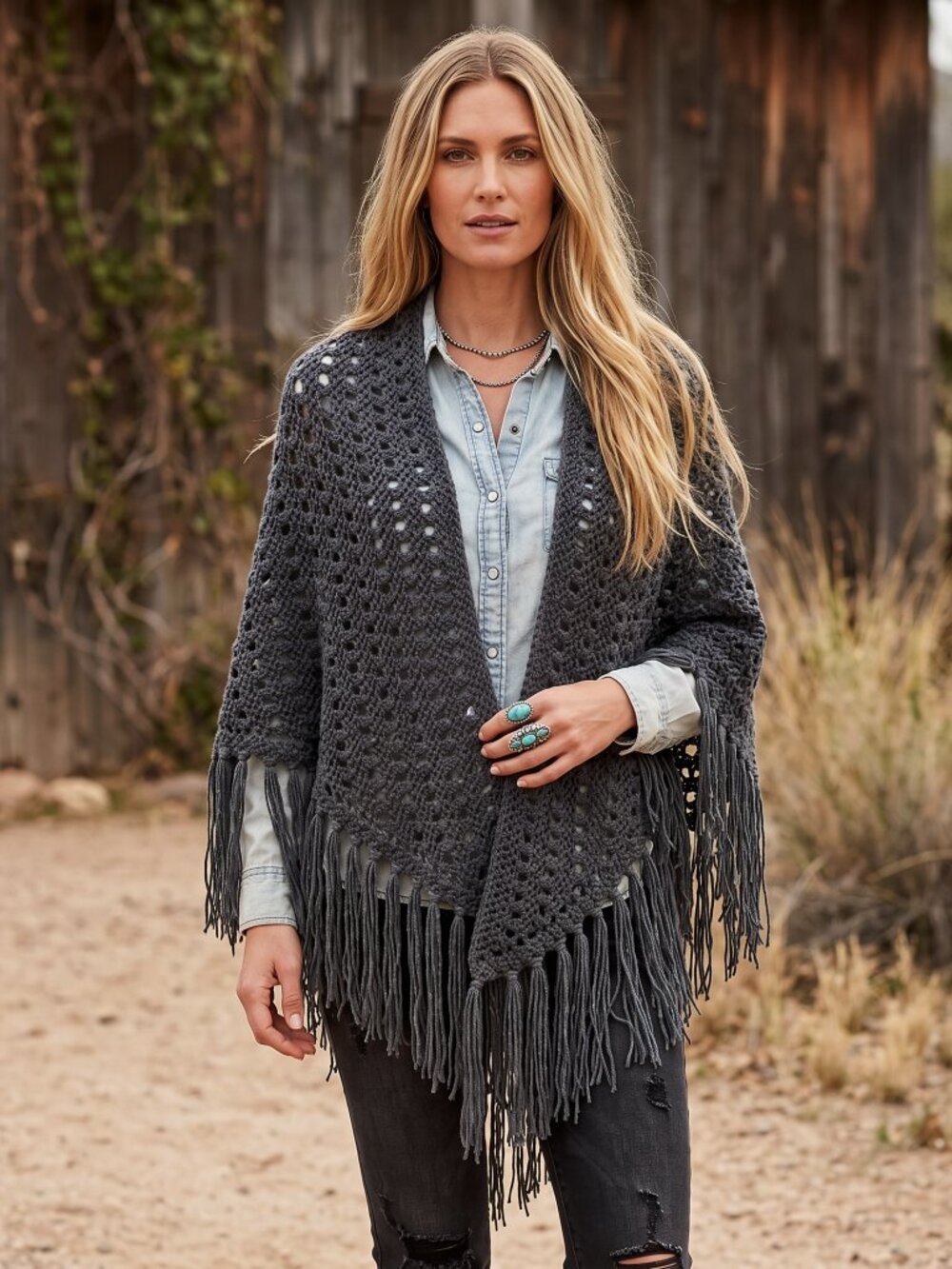 NEW Charcoal Gray Hand Knitted Shawl Wrap Scarf Boho Hippie Cottage Indie Artsy